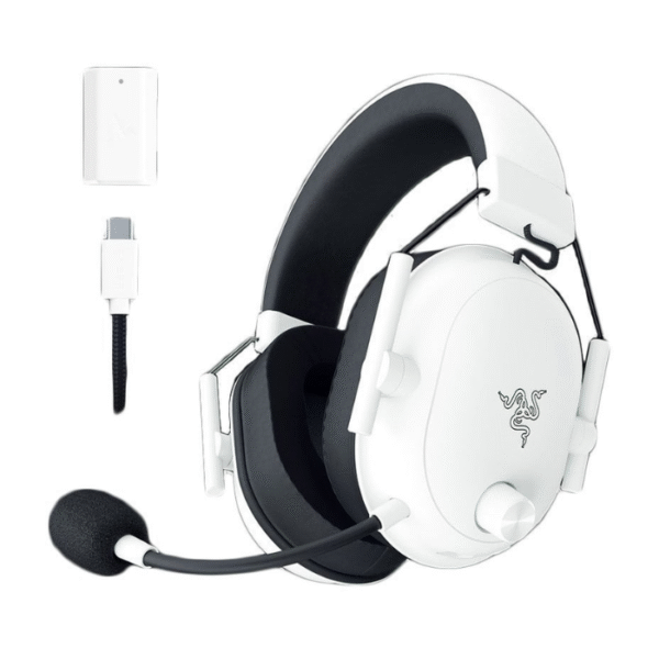 Razer BlackShark V2 HyperSpeed Wireless Gaming Headset: 280g Lightweight, THX Spatial Audio, Bendable Mic, 50mm Drivers, 2.4GHz, Bluetooth or USB, 70 Hr Battery w/USB Type C Charging - White (Brown Razer Box)